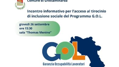 Photo of Grottaminarda / Programma Gol: il 26 settembre incontro informativo su “Garanzia di Occupabilità dei Lavoratori